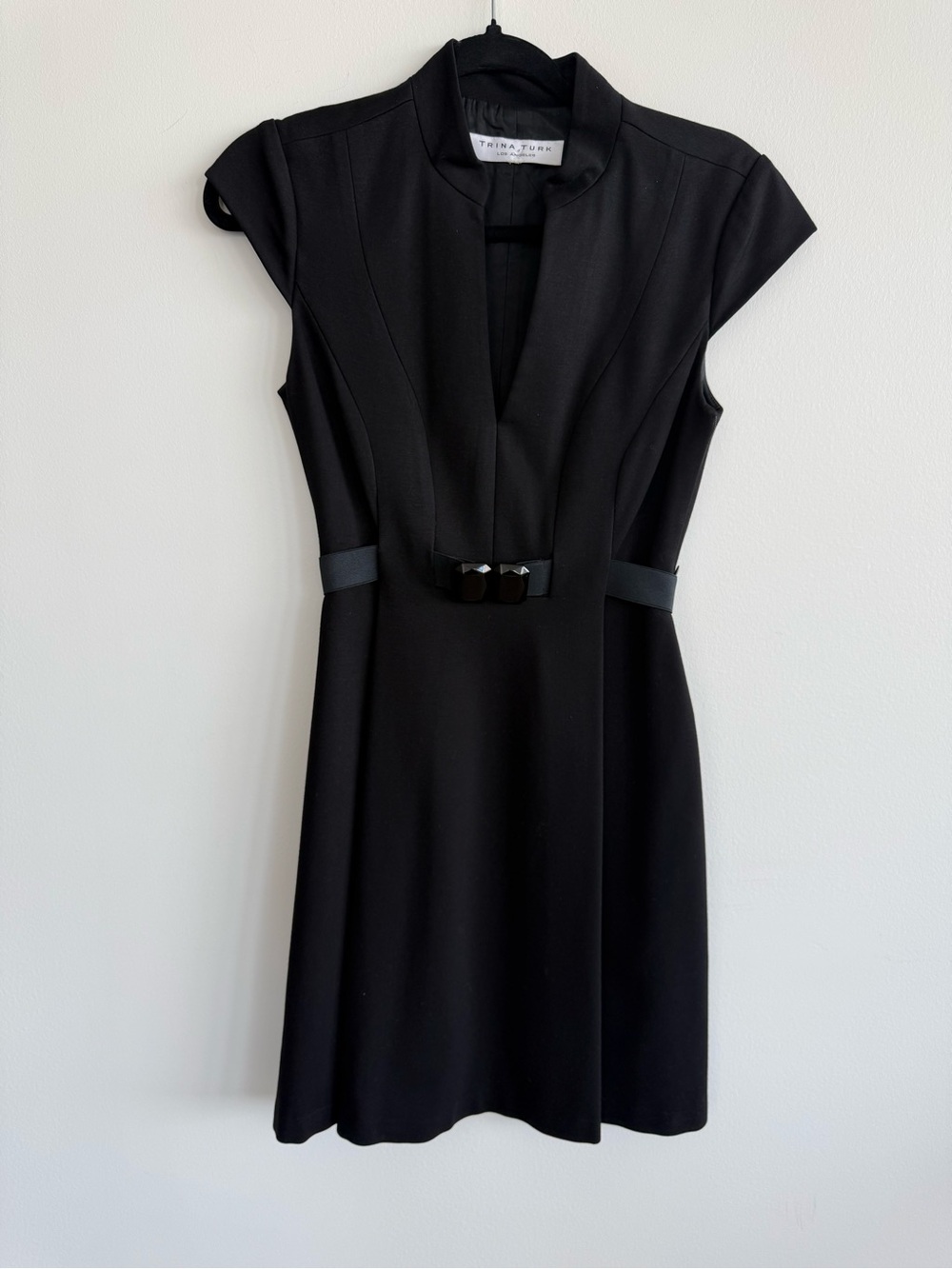Trina Turk Black Cap-Sleeve Midi Dress with Waist Accent